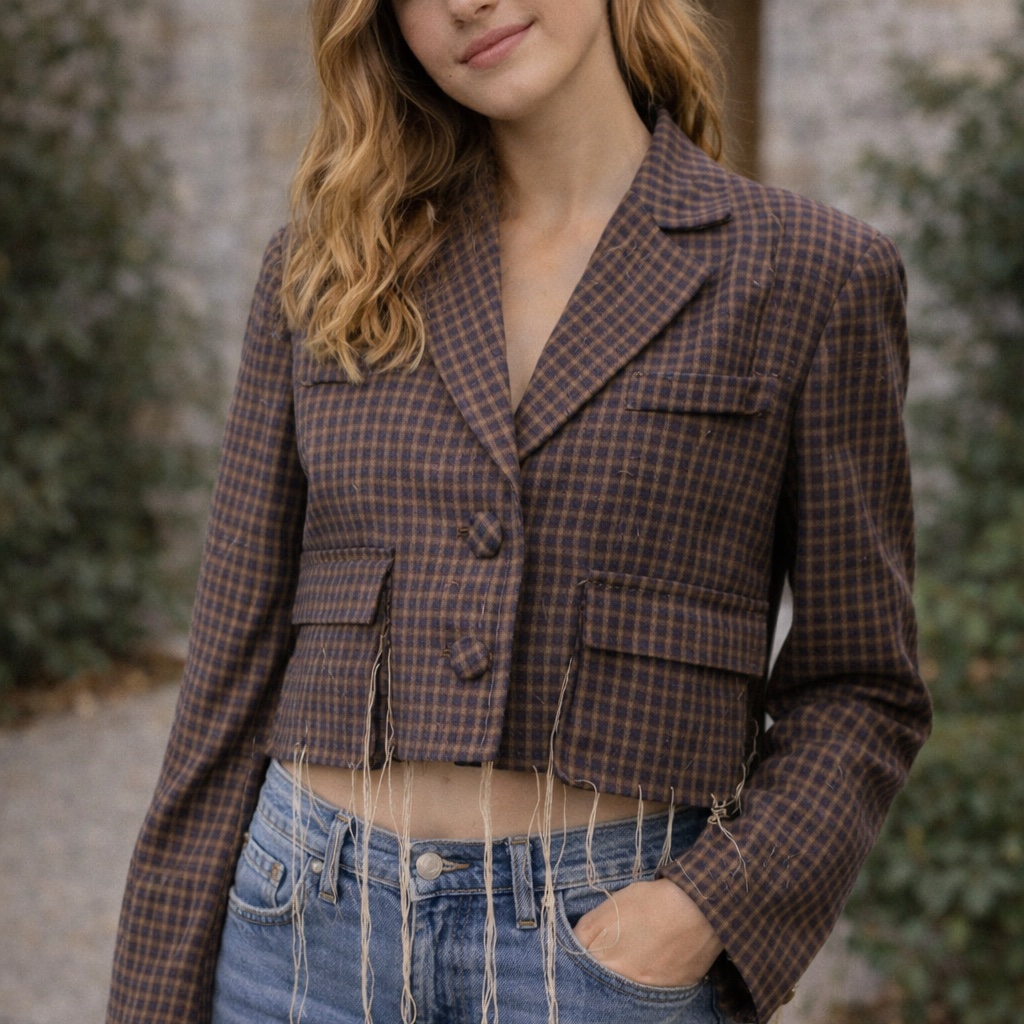 Cropped Button Front Jacket Size M Plaid Blazer With Fringe String Detail